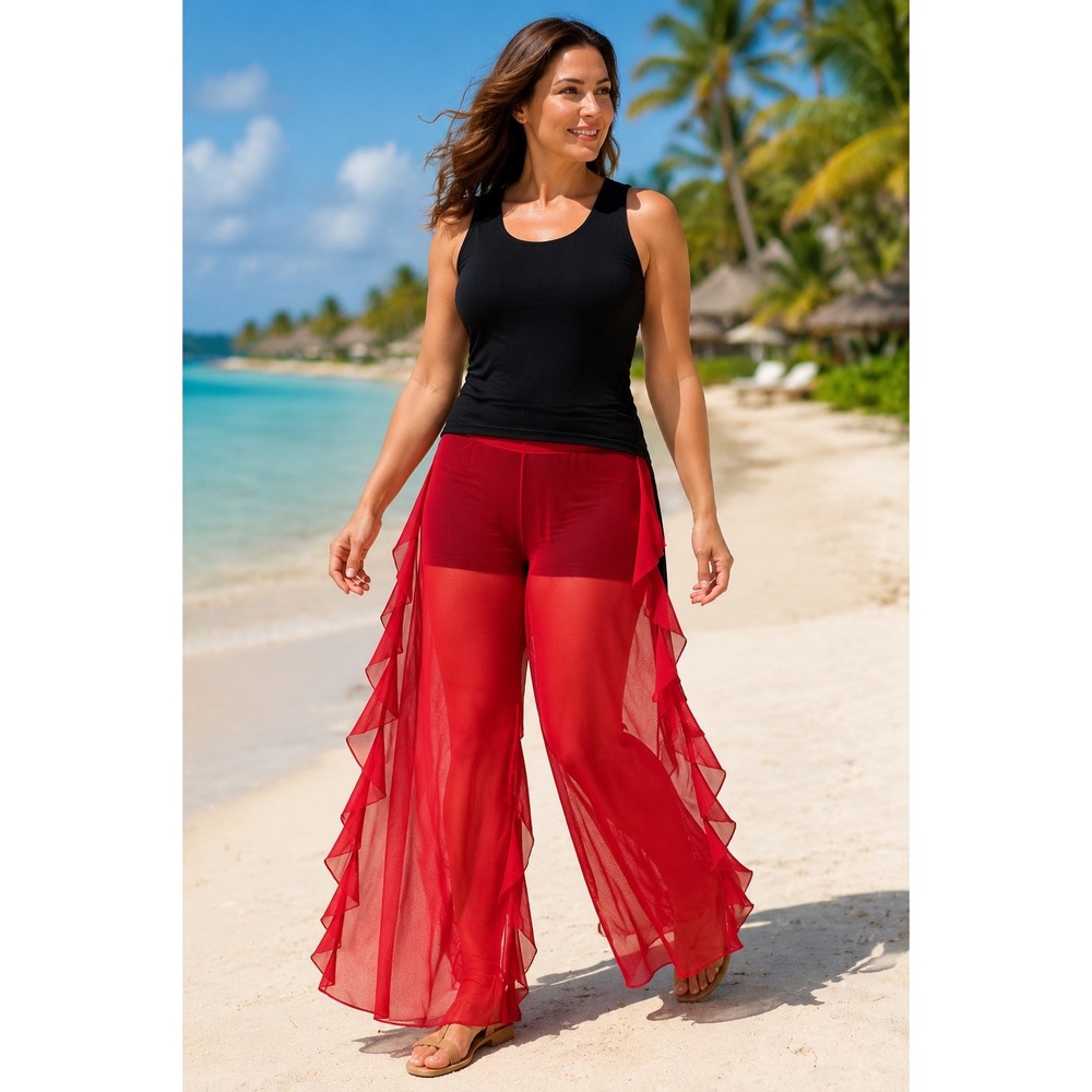 Envy Red Sheer Mesh Ruffle Trim Beach Cover Up Pants Wide Leg Medium NWT